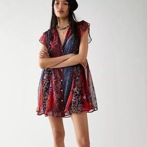 Free People Toni Printed Mini Dress Sheer Ruffle Red Floral Whimsical Fairy XL - Picture 1 of 12